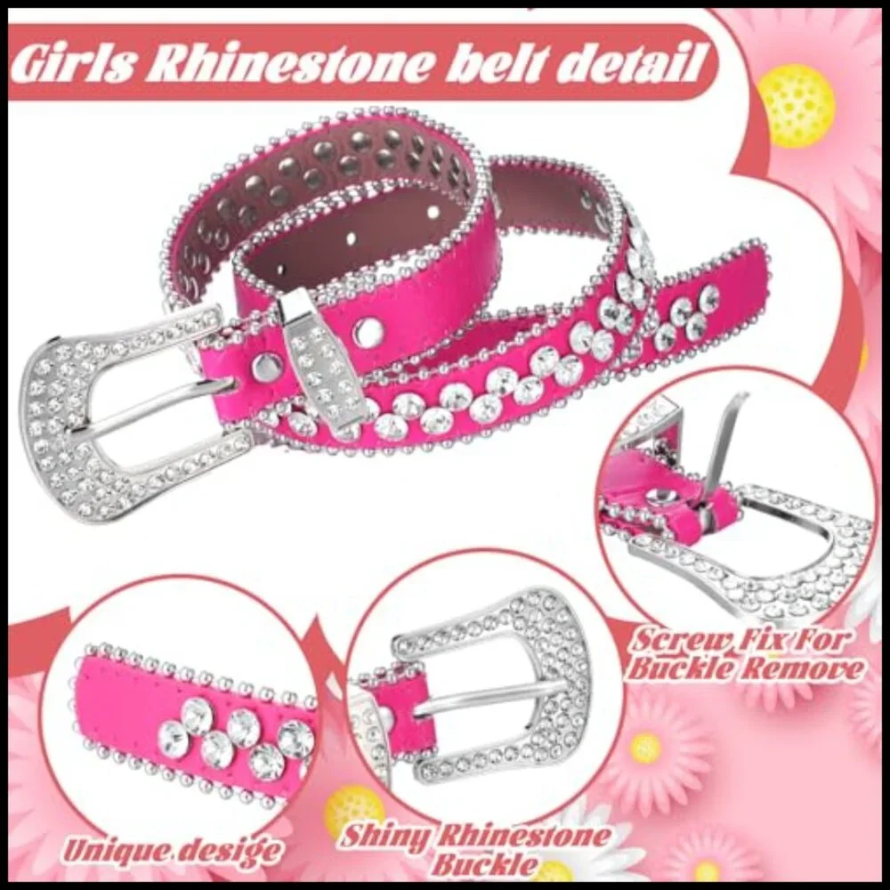 2 Pcs Kids Rhinestone Belt Girls Western Cowboy Belt with Bling Diamond Studded